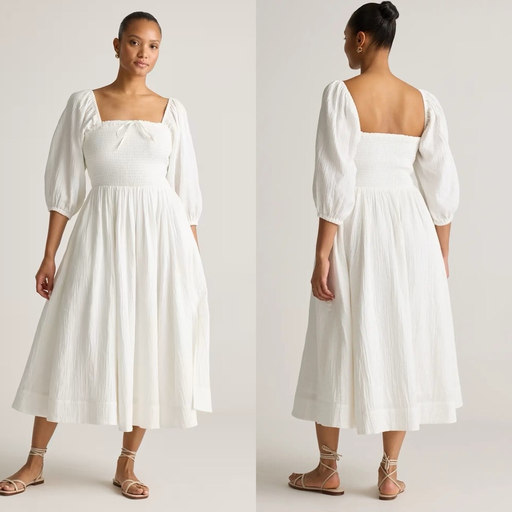 Quince White 100% Organic Cotton Smocked Midi Dress | Size Small